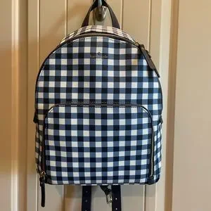 Kate Spade, large blue and white checkered backpack with extra front zipper part Amazon.com | XDKDZIS Blue and White Checkered Kids School  main image 4